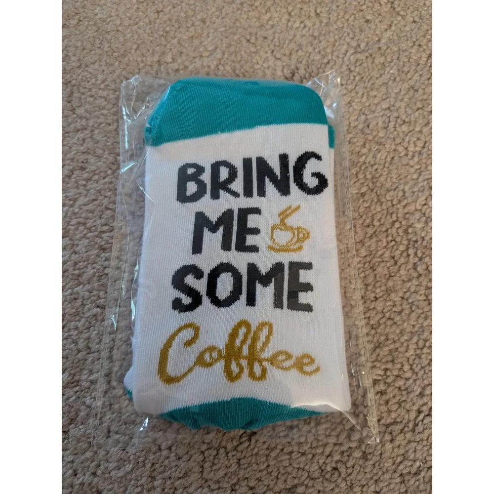 Bring Me Some Coffee Novelty Crew Socks Teal Accent Grip Socks